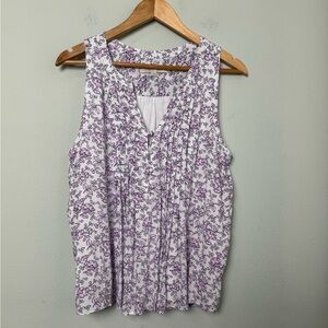 LOFT Purple & White Floral Pleated Sleeveless Blouse Top Size Medium
